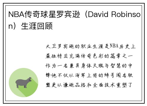 NBA传奇球星罗宾逊（David Robinson）生涯回顾